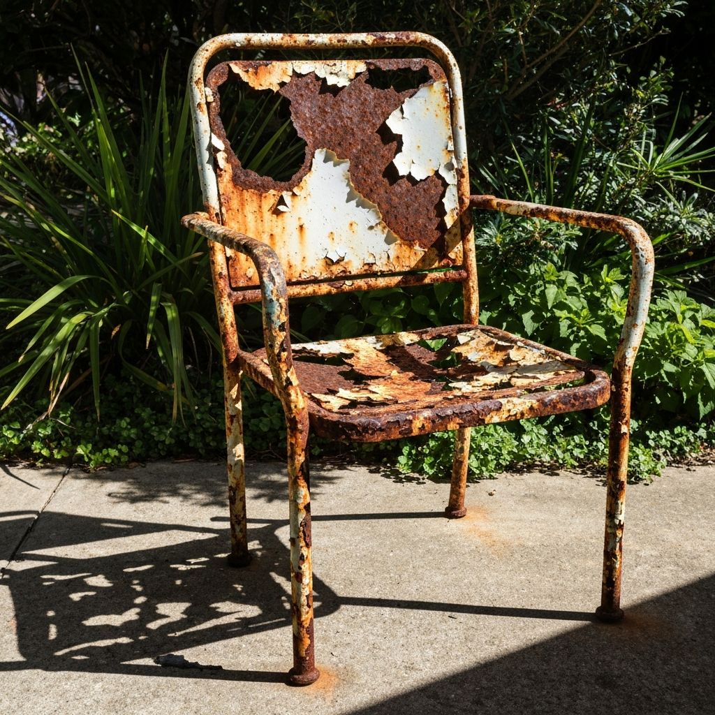 Cadeira de varanda destruída pela corrosão da maresia